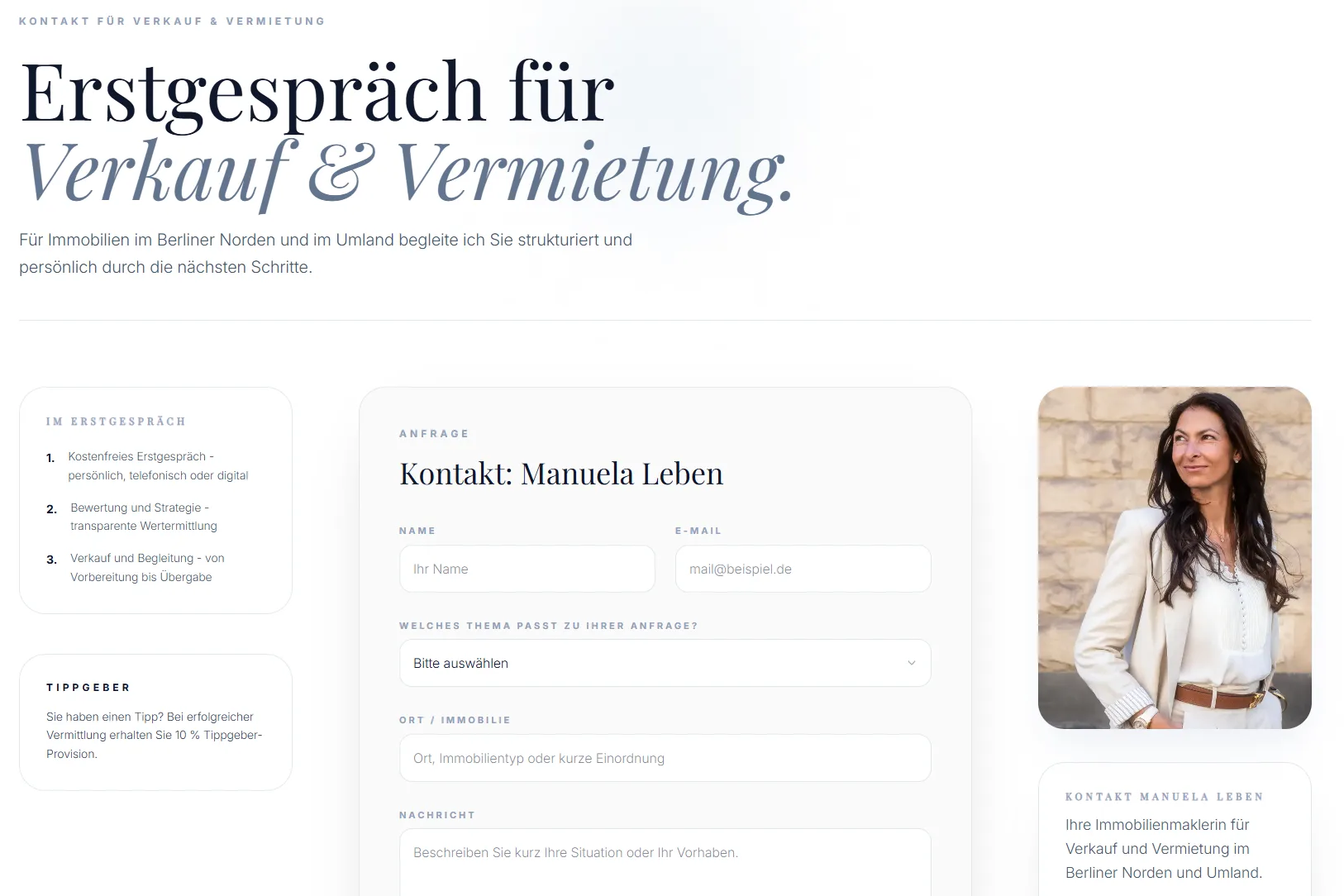 Kontaktseite der Website von Leben Immobilien