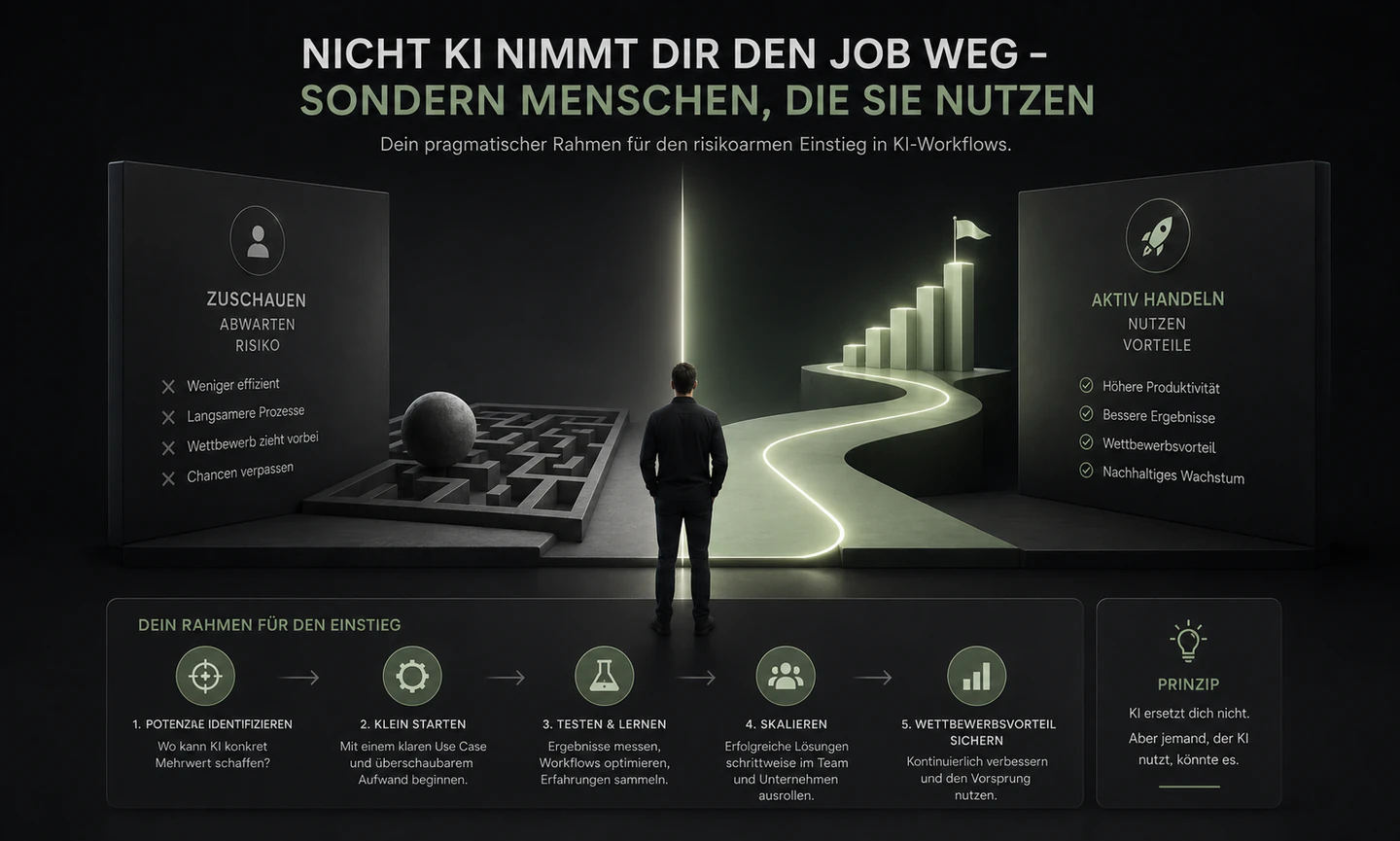 Infografik mit Weggabelung zwischen Abwarten im KI-Wettbewerb und dem aktiven Einstieg in produktive KI-Workflows.