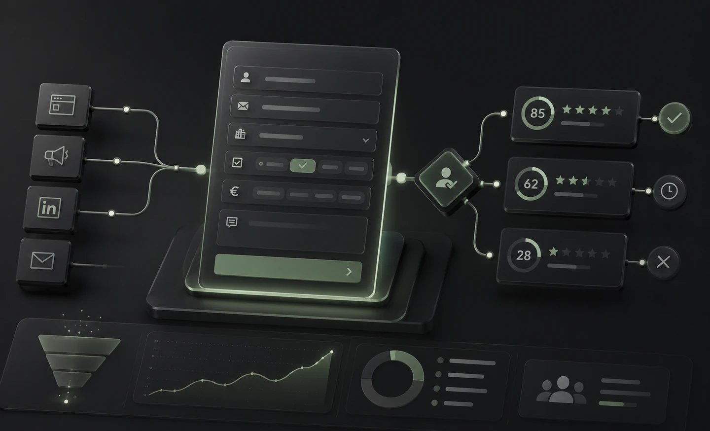 3D-Illustration eines Kontaktformulars, das Leads aus Website, Social Media und E-Mail nach Qualität bewertet.