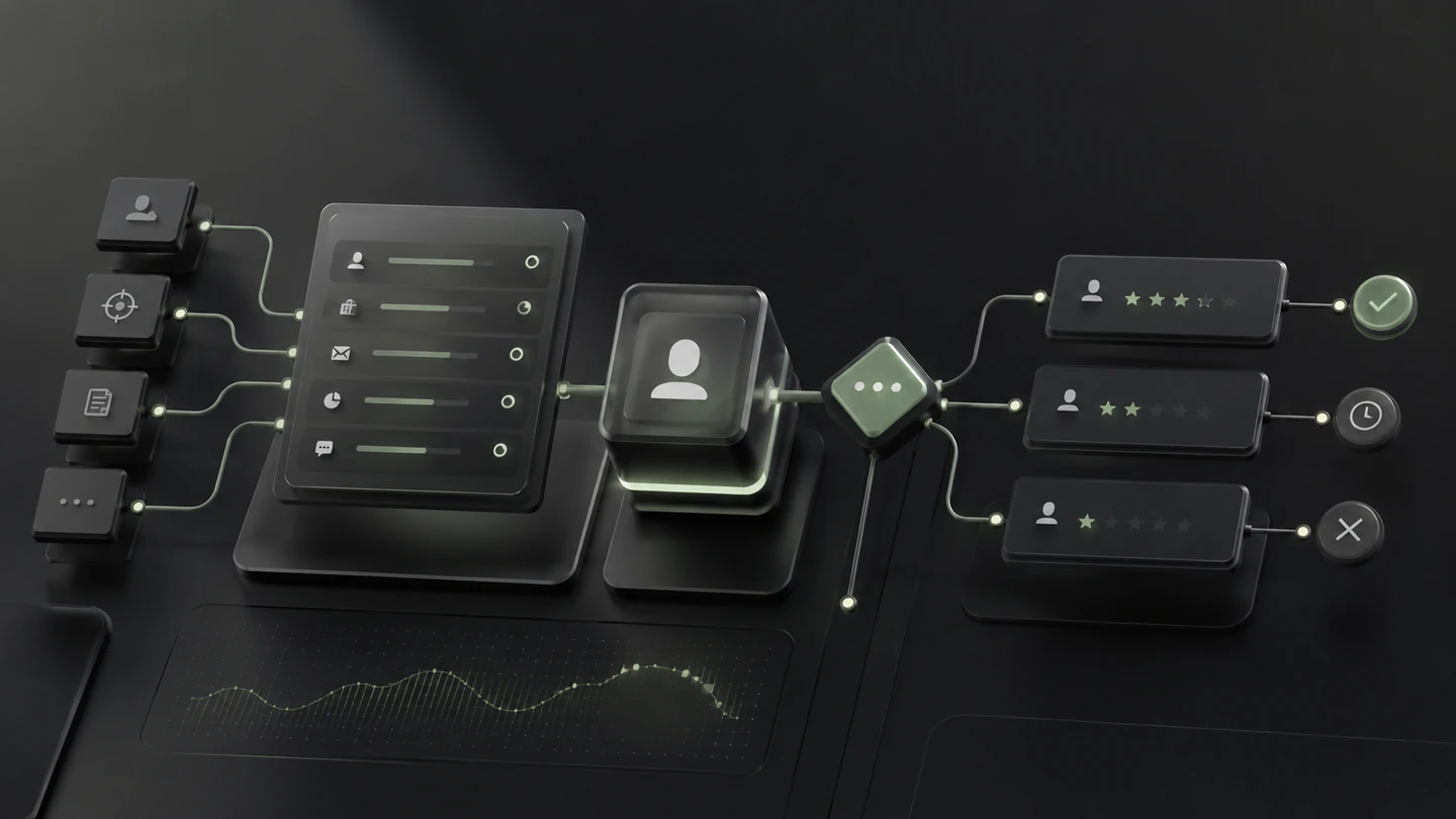 3D-Illustration einer Startseite, die Besucherinformationen bündelt und Anfragen nach Qualität sortiert.