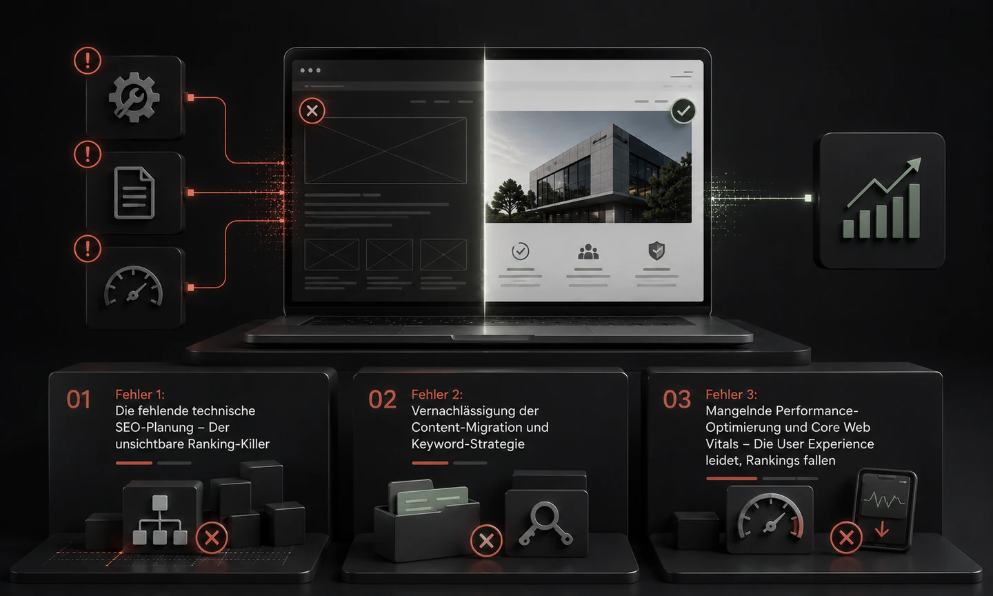 Illustration zu SEO-Risiken beim Website-Relaunch mit Weiterleitungen, Content-Migration und Performance.