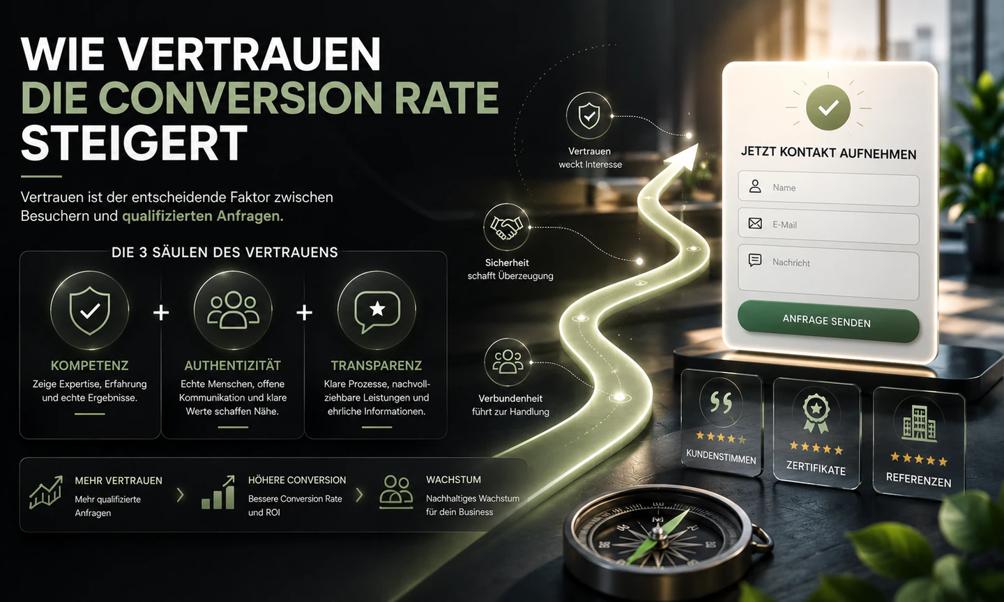 Infografik mit Vertrauenssignalen, Kontaktformular und einem leuchtenden Weg zu qualifizierten Anfragen.