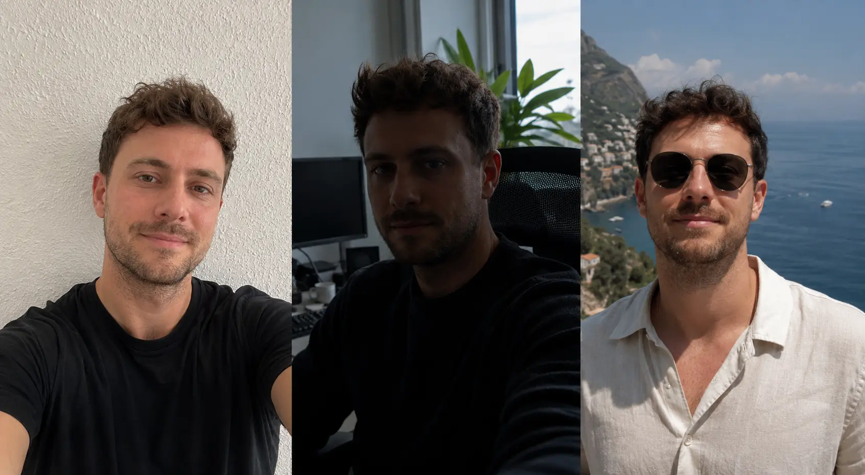 Collage aus drei inkonsistenten Mitarbeiterporträts: ein Selfie vor Raufasertapete, ein unterbelichtetes Bürofoto und ein Urlaubsschnappschuss.
