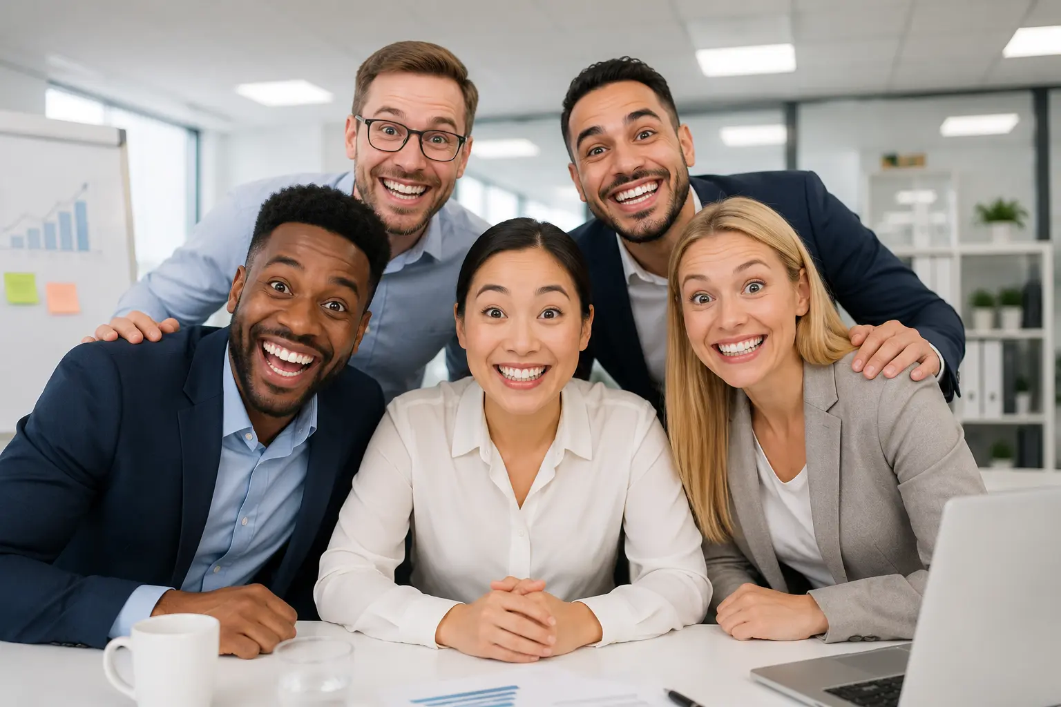 Übertrieben lächelndes, gestelltes Team in einem generischen Büro als typisches Beispiel für ein austauschbares Stockfoto.