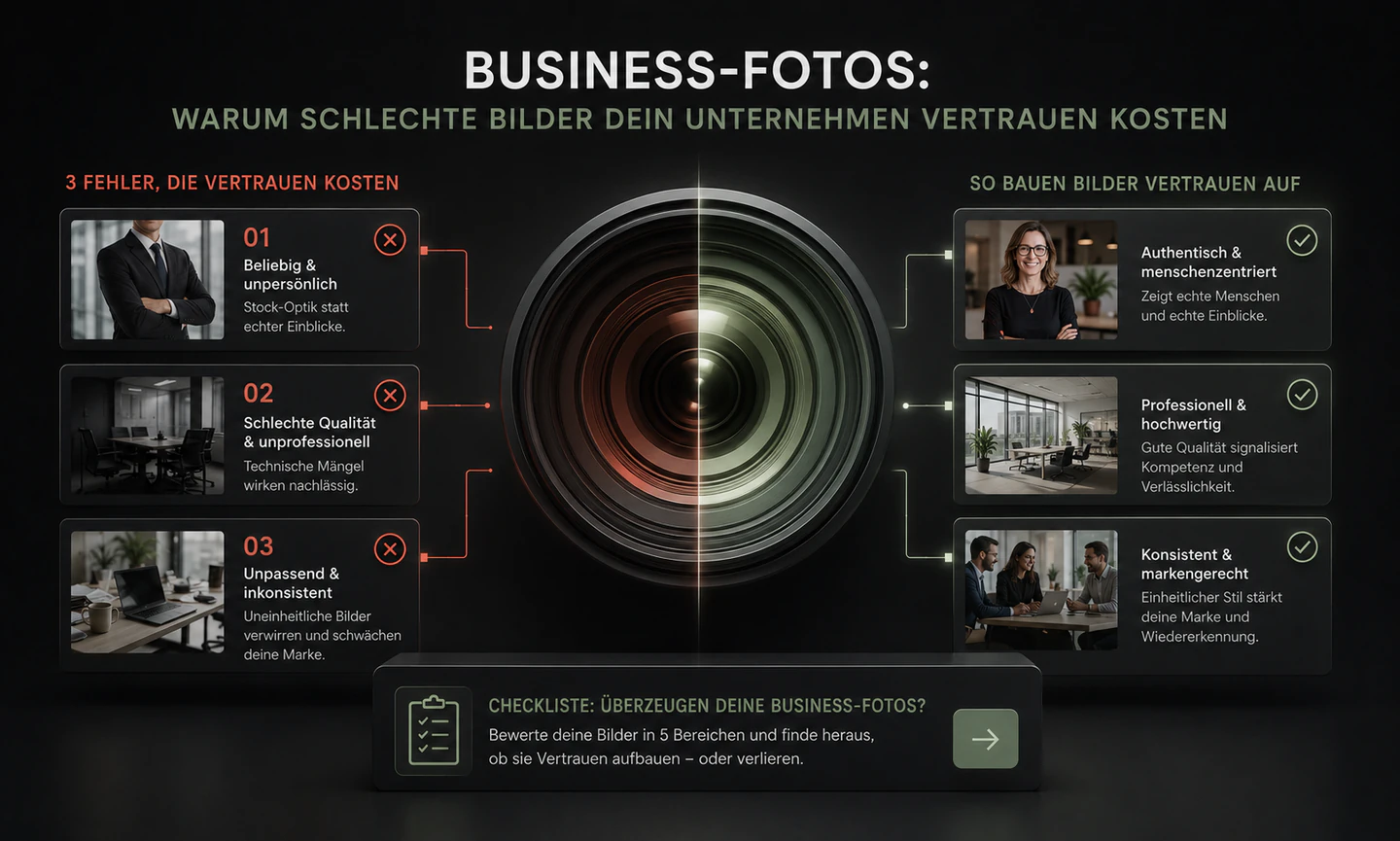 Infografik mit Kameraobjektiv: schlechte und inkonsistente Business-Fotos im Vergleich zu authentischen, professionellen Bildern.