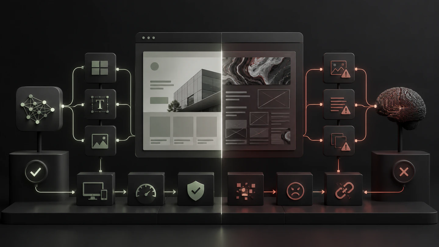 Illustration zu KI im Webdesign mit Interface, Layout-Elementen und menschlicher Bewertung.
