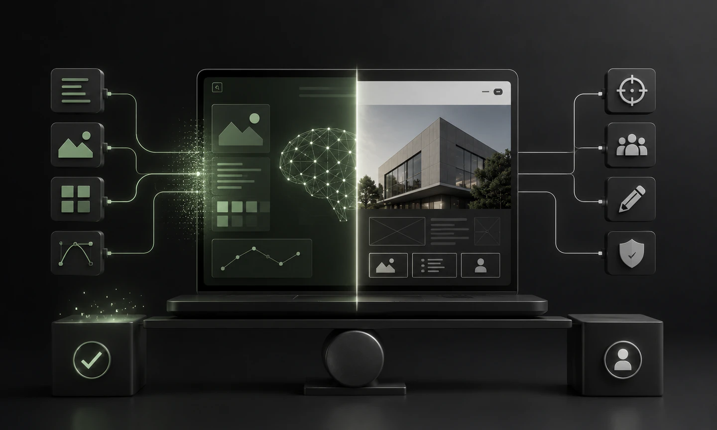 Illustration zu KI im Webdesign mit Chancen, Risiken und kreativen Workflow-Entscheidungen.