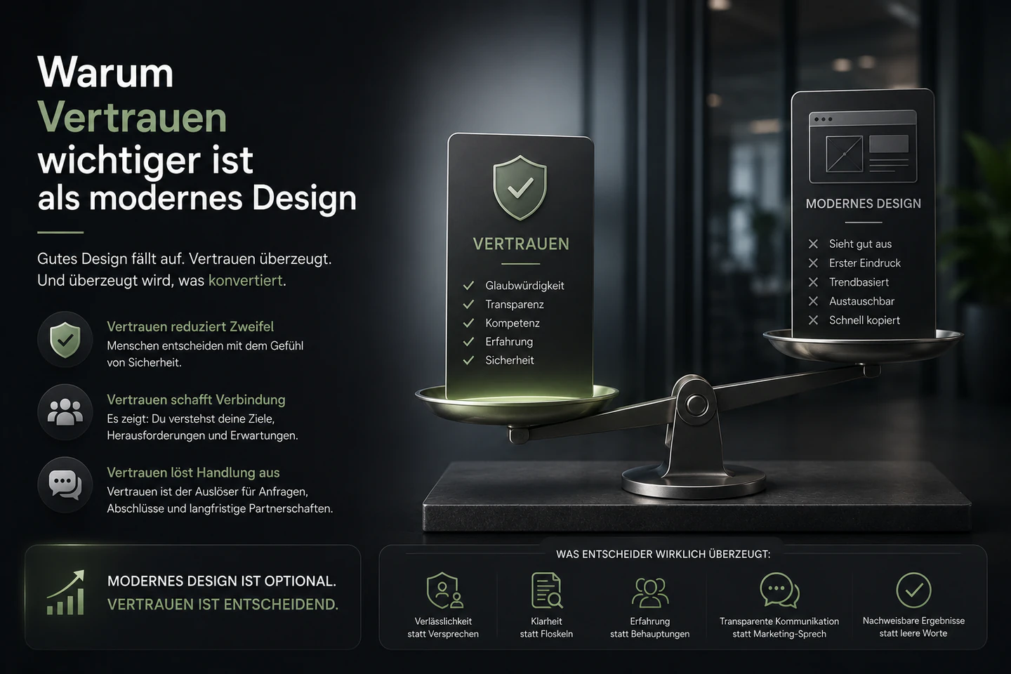 Infografik einer Waage, auf der Vertrauen schwerer wiegt als modernes Webdesign.