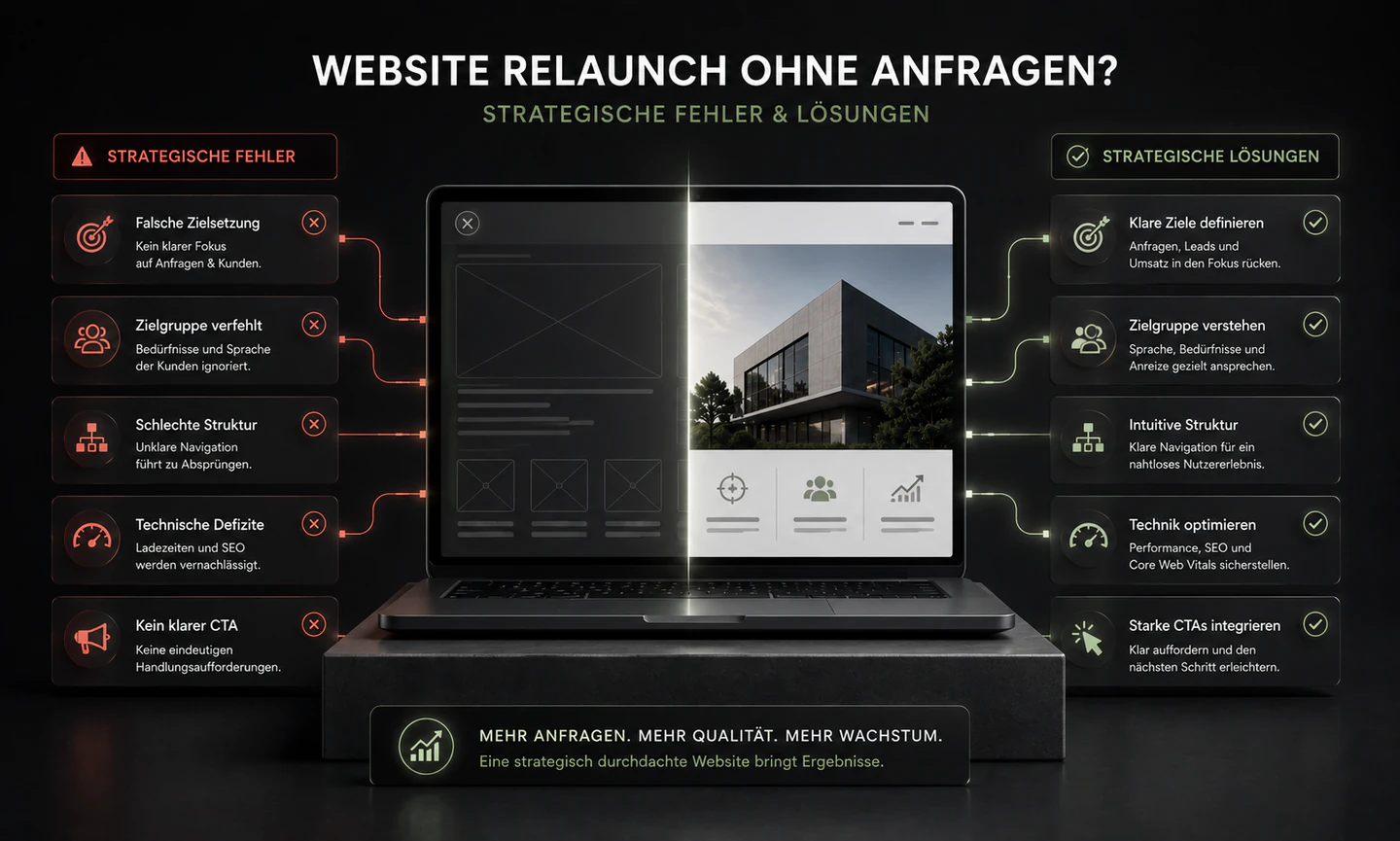 Illustration zu einem Website-Relaunch ohne Anfragen mit Analyse von Klarheit, Struktur und Conversion.